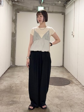 「KBF（ケイビーエフ）のブロッキングレースビスチェ（その他トップス、グレー系）」を使った、misakiさん（レディース・160cm）の夏コーディネート