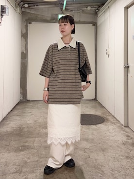 「KBF（ケイビーエフ）のパイルボーダーラガーTEE（Tシャツ/カットソー、グレー系）」を使った、misakiさん（レディース・160cm）の夏コーディネート