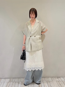 「KBF（ケイビーエフ）のアイテム（ジャケット/アウター）」を使った、misakiさん（レディース・160cm）の夏コーディネート