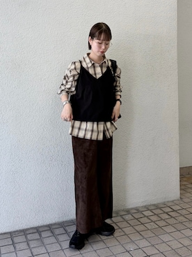 「KBF（ケイビーエフ）のピーチスキンナロースカート（スカート、ブラウン系）」を使った、misakiさん（レディース・160cm）の夏コーディネート