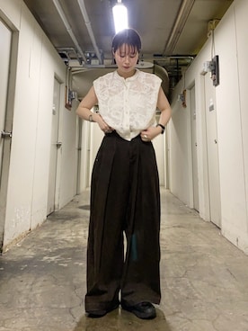 「KBF（ケイビーエフ）のユーズドライクタックWIDEパンツ（其他裤装、ブラウン系）」を使った、misakiさん（レディース・160cm）の春コーディネート