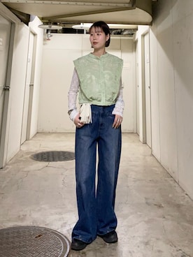 「KBF（ケイビーエフ）のバテンレースコンパクトシャツ（衬衫、グリーン系）」を使った、misakiさん（レディース・160cm）の春コーディネート