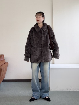 「KBF（ケイビーエフ）のフラッフィーミドルコート（テーラードジャケット、ブラウン系）」を使った、misakiさん（レディース・160cm）の秋コーディネート