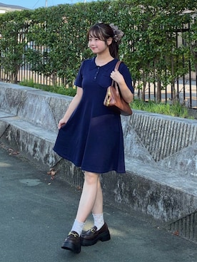 「VIVIAN（ヴィヴィアン）の厚底トラックソールビット付きローファー（ローファー、ブラウン系）」を使った、momo🐇さん（レディース・153cm）の夏コーディネート