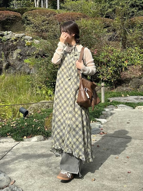 カスタネ　シアーチェックアシメワンピース 肩紐調節可/裏地付き】シアーチェックアシメワンピース