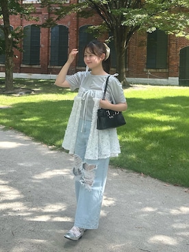 「アイテム（チュニック）」を使った、momo🐇さん（レディース・153cm）の夏コーディネート
