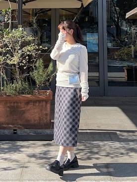 「VIVIAN（ヴィヴィアン）の厚底ギャザーローファー（ローファー、ブラック系）」を使った、momo🐇さん（レディース・153cm）の春コーディネート