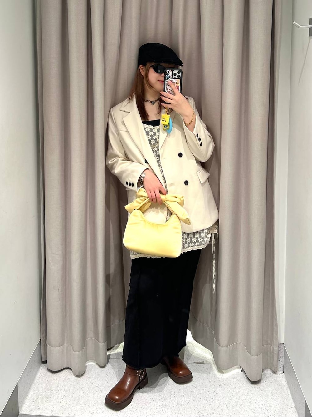 「高身長、オーバーサイズ、体型カバー、差し色コーデ、骨格ストレート、着痩せ、FOREVER 21、スカート、ワンピース、ジャケット、サングラス」｜「FOREVER 21の【2025SS】ミドルベルトブーツ（ブーツ、ブラウン系）」を使った、ちぃ。さん（レディース・165cm）の春コーディネートの1枚目の写真
