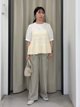 「grove（グローブ）の透かし編み切替ニットビスチェ×ブラウスセット（その他トップス、ホワイト系）」を使った、ee___grさん（レディース・163cm）の春コーディネート
