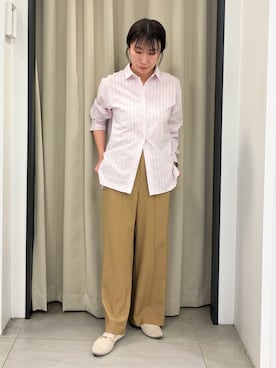 「grove（グローブ）の【貴島明日香さん着用】一度着たら手放せない、驚きの伸びを備えたコットンナイロンストレッチシャツ（シャツ/ブラウス、ピンク系）」を使った、ee___grさん（レディース・163cm）の春コーディネート
