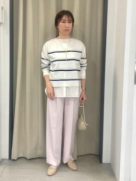 「grove（グローブ）の【おうちで洗える】顔周りすっきり、ボートネックニット（ニット/セーター、ホワイト系）」を使った、ee___grさん（レディース・163cm）の冬コーディネート
