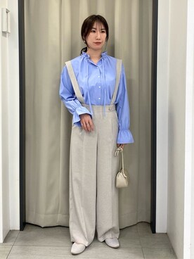 「grove（グローブ）のフリルカラーリボンブラウス（シャツ/ブラウス、ブルー系）」を使った、ee___grさん（レディース・163cm）の冬コーディネート