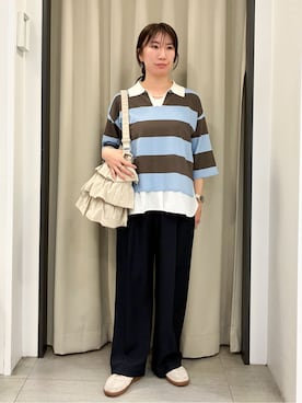 「grove（グローブ）の【貴島明日香さん着用】ラガークロップドプルオーバー（ニット/セーター、ブルー系）」を使った、ee___grさん（レディース・163cm）の春コーディネート