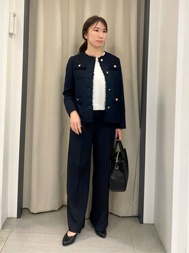 「grove（グローブ）の【ハレの日・通勤】きちんとからカジュアルまで着回せる、ミドル丈ツイードジャケット（ノーカラージャケット、ブルー系）」を使った、ee___grさん（レディース・163cm）の冬コーディネート