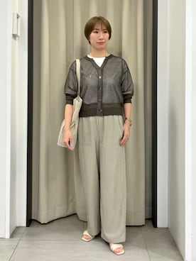 「grove（グローブ）の【貴島明日香さん着用】ラメメッシュキーネックカーディガン（カーディガン/ボレロ、ブラウン系）」を使った、ee___grさん（レディース・163cm）の春コーディネート