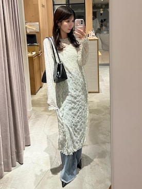 「mystic（ミスティック）のカットレース切替ワンピース（ワンピース、グリーン系）」を使った、asukaさん（レディース・162cm）の春コーディネート