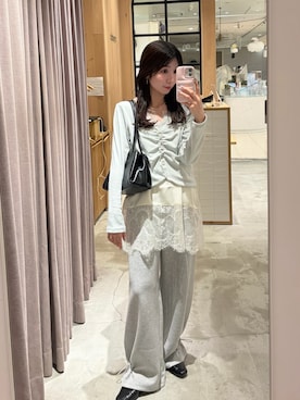 「mystic（ミスティック）の【柔らかリブ素材】ギャザーレースリブカーディガン（Tシャツ/カットソー、ブルー系）」を使った、asukaさん（レディース・162cm）の春コーディネート