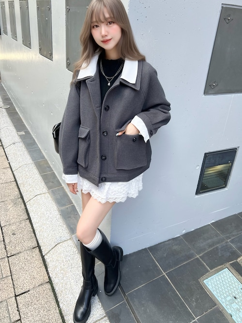 セール】AWトレンド♪衿シャツレイヤードフェイクウールポロジャケット