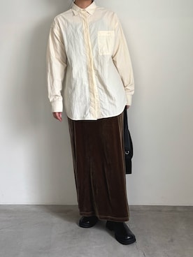 「select MOCA by son（セレクトモカバイソン）の【新色追加】ベロアIラインロングスカート（スカート）」を使った、akaneさん（レディース・157cm・30代）の秋コーディネート
