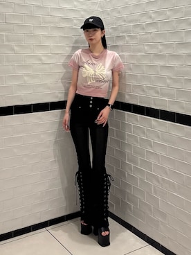 「EMODA（エモダ）のリボンプリントTシャツ（Tシャツ/カットソー、ピンク系）」を使った、Yuzukiさん（レディース・160cm）の夏コーディネート