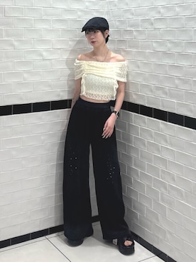 「EMODA（エモダ）のプレートツイルハンチングキャップ（ハンチング/ベレー帽、ブラック系）」を使った、Yuzukiさん（レディース・160cm）の夏コーディネート