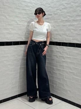 「EMODA（エモダ）のPLUMP SQUARE SUNGLASSES（その他雑貨、ブラック系）」を使った、Yuzukiさん（レディース・160cm）の夏コーディネート