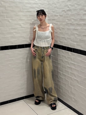 「EMODA（エモダ）のシアーベロアリボンフリルタンクトップ（タンクトップ、ホワイト系）」を使った、Yuzukiさん（レディース・160cm）の夏コーディネート