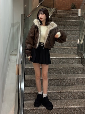 「EMODA（エモダ）のFAUXファーフードブルゾン（ブルゾン、ブラウン系）」を使った、Yuzukiさん（レディース・160cm）の秋コーディネート