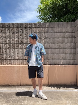 「ITEMS URBANRESEARCH（アイテムズ アーバンリサーチ）のアロハプリントオープンカラー半袖シャツ（シャツ/ブラウス、グレー系）」を使った、HIROさん（メンズ・170cm）の夏コーディネート