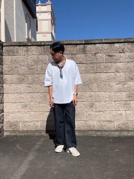 「ITEMS URBANRESEARCH（アイテムズ アーバンリサーチ）のワイドフィットショートスリーブポンチTシャツ（Tシャツ/カットソー、ホワイト系）」を使った、HIROさん（メンズ・170cm）の夏コーディネート