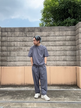 「ITEMS URBANRESEARCH（アイテムズ アーバンリサーチ）の『接触冷感/撥水/イージーケア/UVカット』タスランナイロンクルーネックドロストTシャツ（Tシャツ/カットソー、グレー系）」を使った、HIROさん（メンズ・170cm）の夏コーディネート