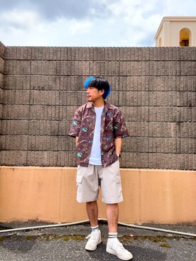 「ITEMS URBANRESEARCH（アイテムズ アーバンリサーチ）のアロハプリントオープンカラー半袖シャツ（シャツ/ブラウス、ブラウン系）」を使った、HIROさん（メンズ・170cm）の春コーディネート