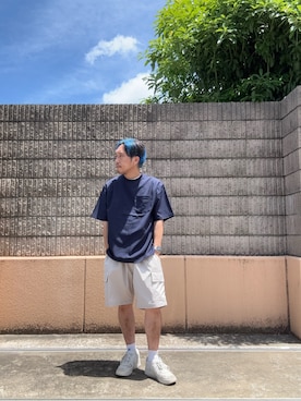 「ITEMS URBANRESEARCH（アイテムズ アーバンリサーチ）の2wayストレッチクルーネック布帛Tシャツ（Tシャツ/カットソー、ブルー系）」を使った、HIROさん（メンズ・170cm）の夏コーディネート