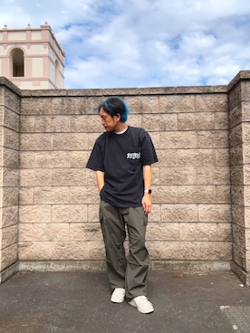 「ITEMS URBANRESEARCH（アイテムズ アーバンリサーチ）のHANDWRITTEN LOGO FADED T-SHIRTS（Tシャツ/カットソー、ブラック系）」を使った、HIROさん（メンズ・170cm）の夏コーディネート