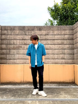 「ITEMS URBANRESEARCH（アイテムズ アーバンリサーチ）のサマーツイード オープンカラー半袖シャツ（シャツ/ブラウス、ブルー系）」を使った、HIROさん（メンズ・170cm）の春コーディネート