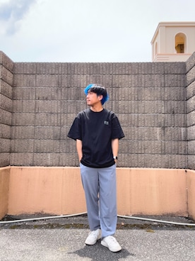 「ITEMS URBANRESEARCH（アイテムズ アーバンリサーチ）のPlantsバックプリント USEDライク Tシャツ（Tシャツ/カットソー、ブラック系）」を使った、HIROさん（メンズ・170cm）の春コーディネート