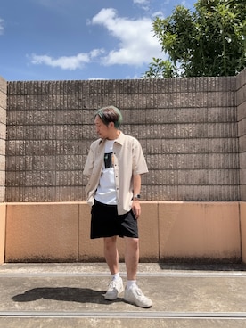 「ITEMS URBANRESEARCH（アイテムズ アーバンリサーチ）の2wayストレッチスナップ半袖シャツ（シャツ/ブラウス、ベージュ系）」を使った、HIROさん（メンズ・170cm）の春コーディネート