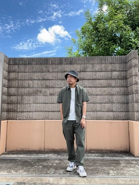 「ITEMS URBANRESEARCH（アイテムズ アーバンリサーチ）の二重織 半袖シャツ+パンツ 2セット（セットアップ）」を使った、HIROさん（メンズ・169cm）の夏コーディネート
