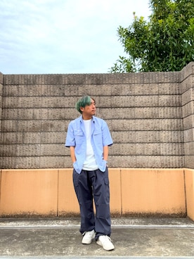 「ITEMS URBANRESEARCH（アイテムズ アーバンリサーチ）の『接触冷感/速乾/イージーケア』高機能ストライプRDB半袖シャツ（シャツ/ブラウス、ブルー系）」を使った、HIROさん（メンズ・170cm）の春コーディネート