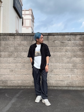「ITEMS URBANRESEARCH（アイテムズ アーバンリサーチ）のジオメレース レギュラーカラー 半袖シャツ（シャツ/ブラウス、ブラック系）」を使った、HIROさん（メンズ・170cm）の夏コーディネート