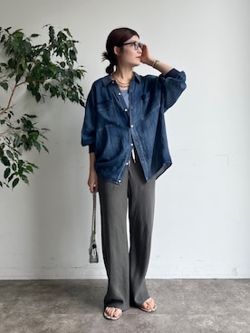 「DouDou（ドゥドゥ）の袖リブシアーデニムシャツ（シャツ/ブラウス）」を使った、okochiさん（レディース・162cm）の夏コーディネート