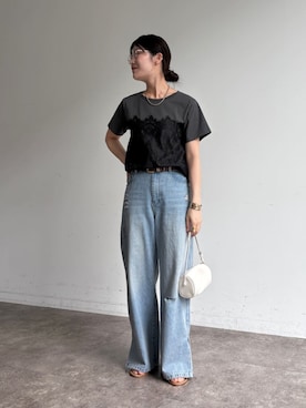 「DouDou（ドゥドゥ）のレースドッキングTEE（Tシャツ/カットソー、グレー系）」を使った、okochiさん（レディース・162cm）の夏コーディネート