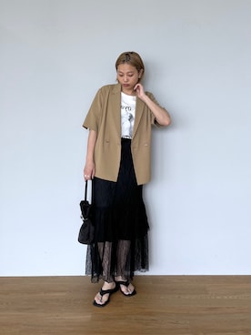 「GALLEST（ギャレスト）のロングティアードレーススカート（スカート、ブラック系）」を使った、GALLEST  OFFICIALさん（レディース・160cm）の春コーディネート