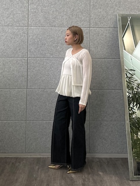 「GALLEST（ギャレスト）のハイウエストカットオフデニム（デニムパンツ、ブルー系）」を使った、GALLEST  OFFICIALさん（レディース・160cm）の春コーディネート