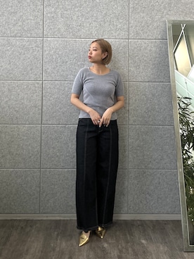 「GALLEST（ギャレスト）のハイウエストカットオフデニム（デニムパンツ、ブルー系）」を使った、GALLEST  OFFICIALさん（レディース・160cm）の春コーディネート