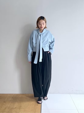 「GALLEST（ギャレスト）のボウタイシャツブルゾン（シャツ/ブラウス、ブルー系）」を使った、GALLEST  OFFICIALさん（レディース・160cm）の春コーディネート