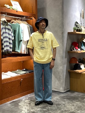 「GEVACO（ゲバコ）の【GEVACO/ゲバコ】10ozデニムイージーワイドパンツ（デニムパンツ、ブルー系）」を使った、yonmaru2さん（メンズ・175cm）の夏コーディネート