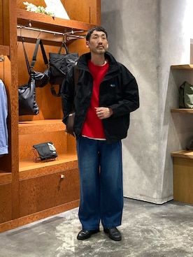 「CIAOPANIC TYPY（チャオパニックティピー）の【洗えるニット】ユニセックスビックシルエットロンTeeライクニット（ニット/セーター、レッド系）」を使った、yonmaru2さん（メンズ・175cm）の冬コーディネート