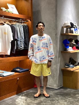 「SOUNDSGOOOOD（サウンズグッド）の【SOUNDS GOOOOD】モンスター総柄ワッフルプリントロンTEE（Tシャツ/カットソー、ホワイト系）」を使った、yonmaru2さん（メンズ・175cm）の夏コーディネート