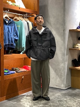 「CIAOPANIC TYPY（チャオパニックティピー）の【UNISEX】チェックフードシャウター（パーカー、ブラック系）」を使った、yonmaru2さん（メンズ・175cm）の春コーディネート